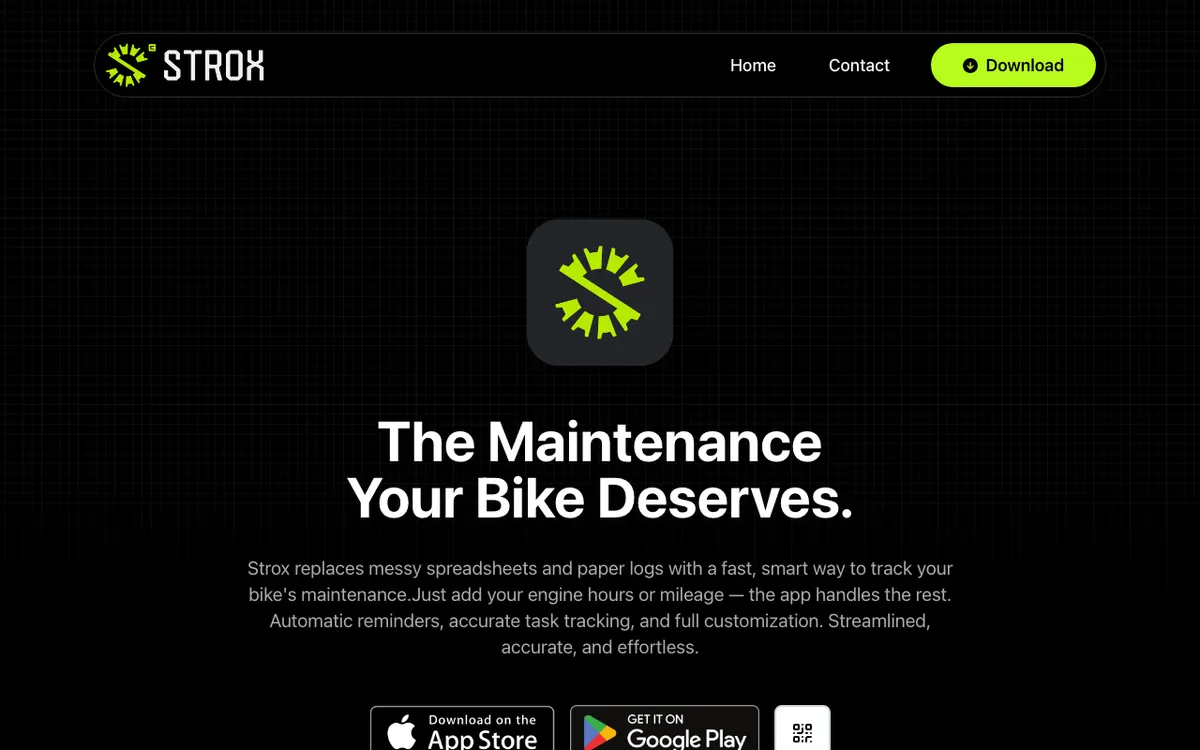 Strox: bike maintenance app, website screenshot
